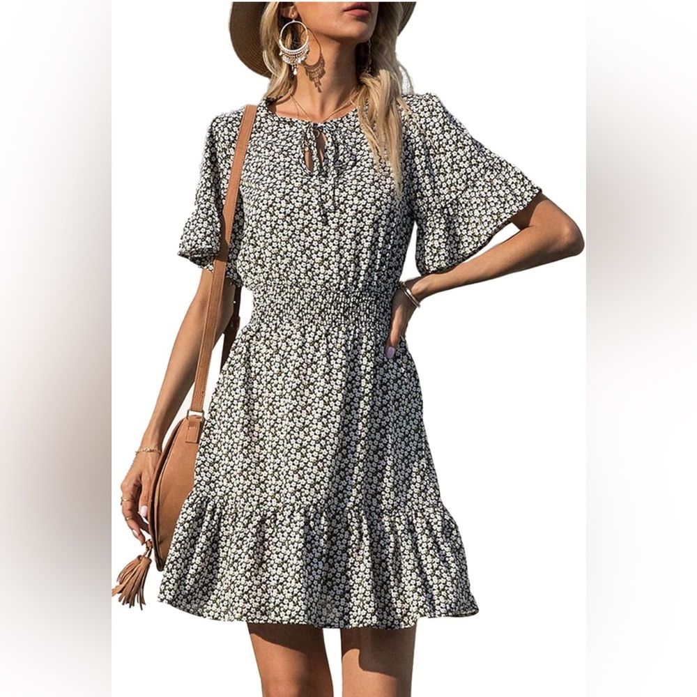 Women's Summer Boho Dress Short Sleeve Tie V Neck Ruffle Floral Print